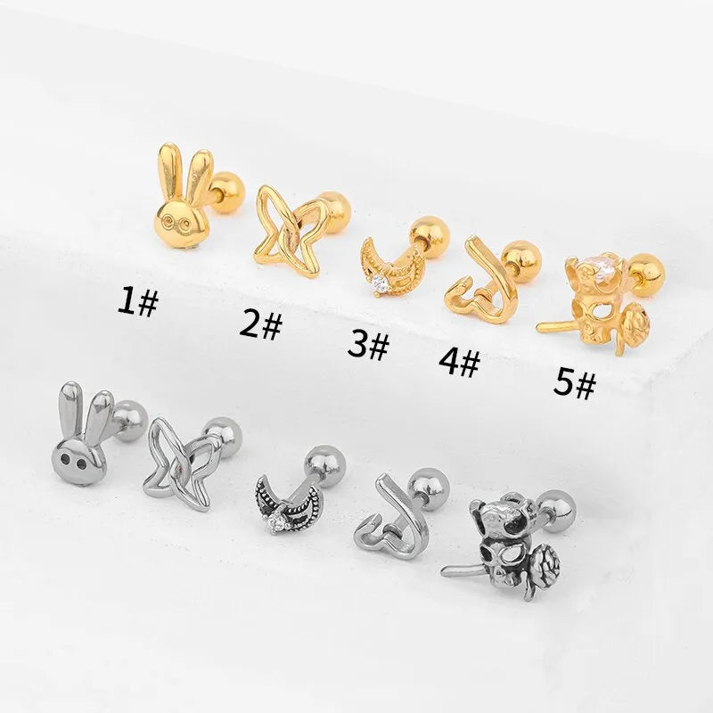 1 Piece Simple Style Classic Style Rabbit Heart Shape Skull Plating Inlay 316L Stainless Steel  Zircon 14K Gold Plated Cartilage Earrings