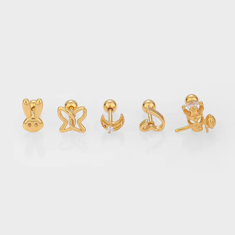 1 Piece Simple Style Classic Style Rabbit Heart Shape Skull Plating Inlay 316L Stainless Steel  Zircon 14K Gold Plated Cartilage Earrings