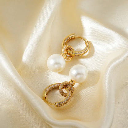 1 Piece Simple Style Classic Style Round Plating Inlay Copper Pearl K Gold Plated Drop Earrings