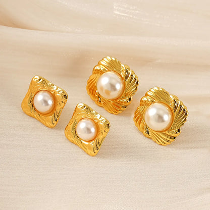 1 Piece Simple Style Classic Style Square Oval Heart Shape Plating Inlay 304 Stainless Steel Artificial Pearls 18K Gold Plated Ear Studs