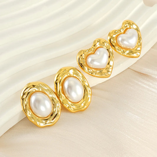 1 Piece Simple Style Classic Style Square Oval Heart Shape Plating Inlay 304 Stainless Steel Artificial Pearls 18K Gold Plated Ear Studs