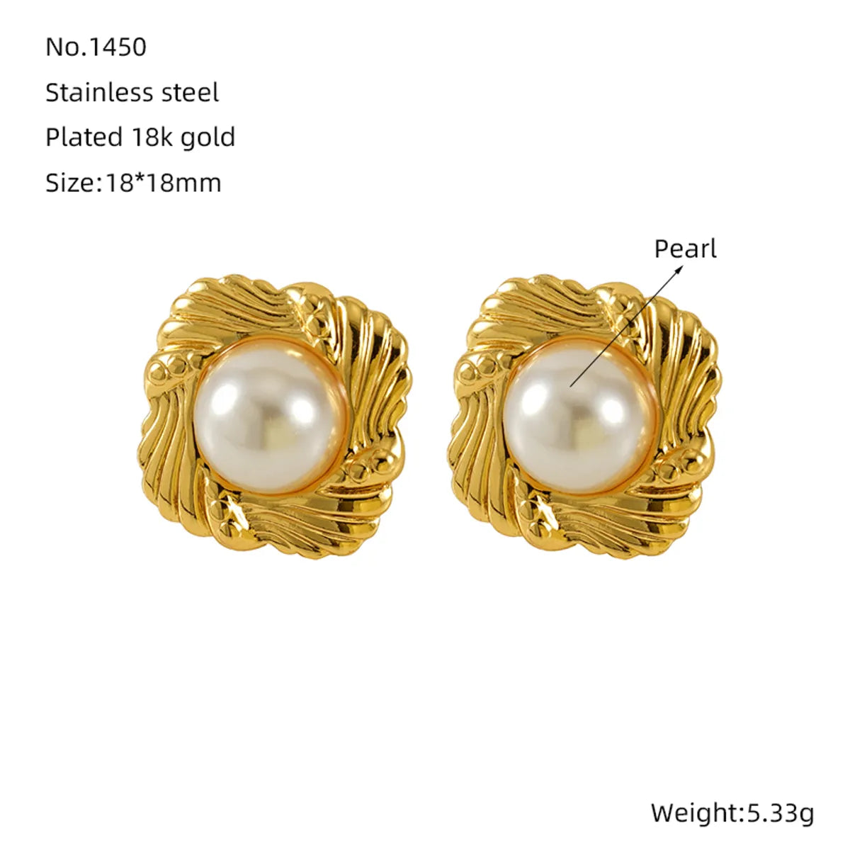 1 Piece Simple Style Classic Style Square Oval Heart Shape Plating Inlay 304 Stainless Steel Artificial Pearls 18K Gold Plated Ear Studs