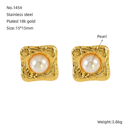 1 Piece Simple Style Classic Style Square Oval Heart Shape Plating Inlay 304 Stainless Steel Artificial Pearls 18K Gold Plated Ear Studs