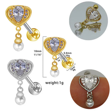 1 Piece Simple Style Commute Heart Shape Plating Inlay 316 Stainless Steel  Copper Artificial Pearls Zircon White Gold Plated Gold Plated Ear Studs Cartilage Earrings