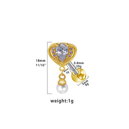 1 Piece Simple Style Commute Heart Shape Plating Inlay 316 Stainless Steel  Copper Artificial Pearls Zircon White Gold Plated Gold Plated Ear Studs Cartilage Earrings