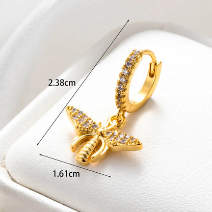 1 Piece Simple Style Cross Round Bee Inlay Stainless Steel Copper Zircon Hoop Earrings