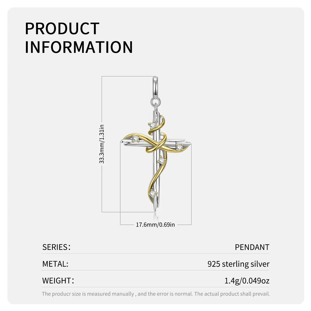 1 Piece Simple Style Cross Sterling Silver Inlay Rhinestones Pendants Jewelry Accessories