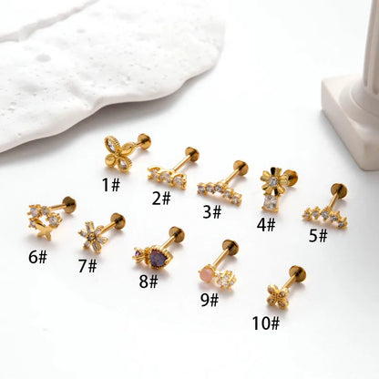 1 Piece Ear Cartilage Rings & Studs Simple Style Flower Butterfly Pure Titanium Copper Inlay Zircon