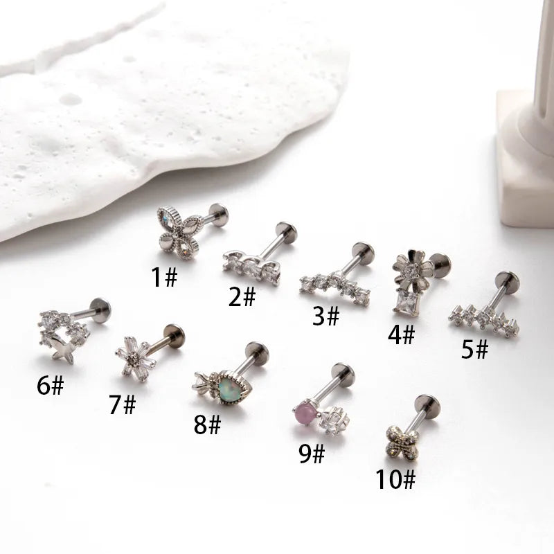 1 Piece Ear Cartilage Rings & Studs Simple Style Flower Butterfly Pure Titanium Copper Inlay Zircon