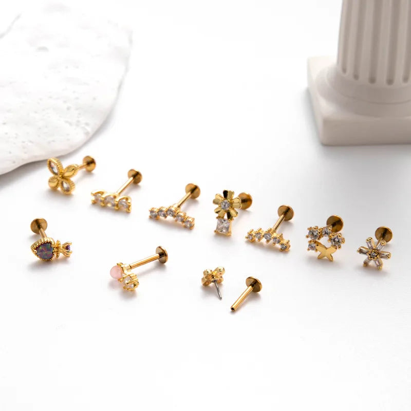 1 Piece Ear Cartilage Rings & Studs Simple Style Flower Butterfly Pure Titanium Copper Inlay Zircon