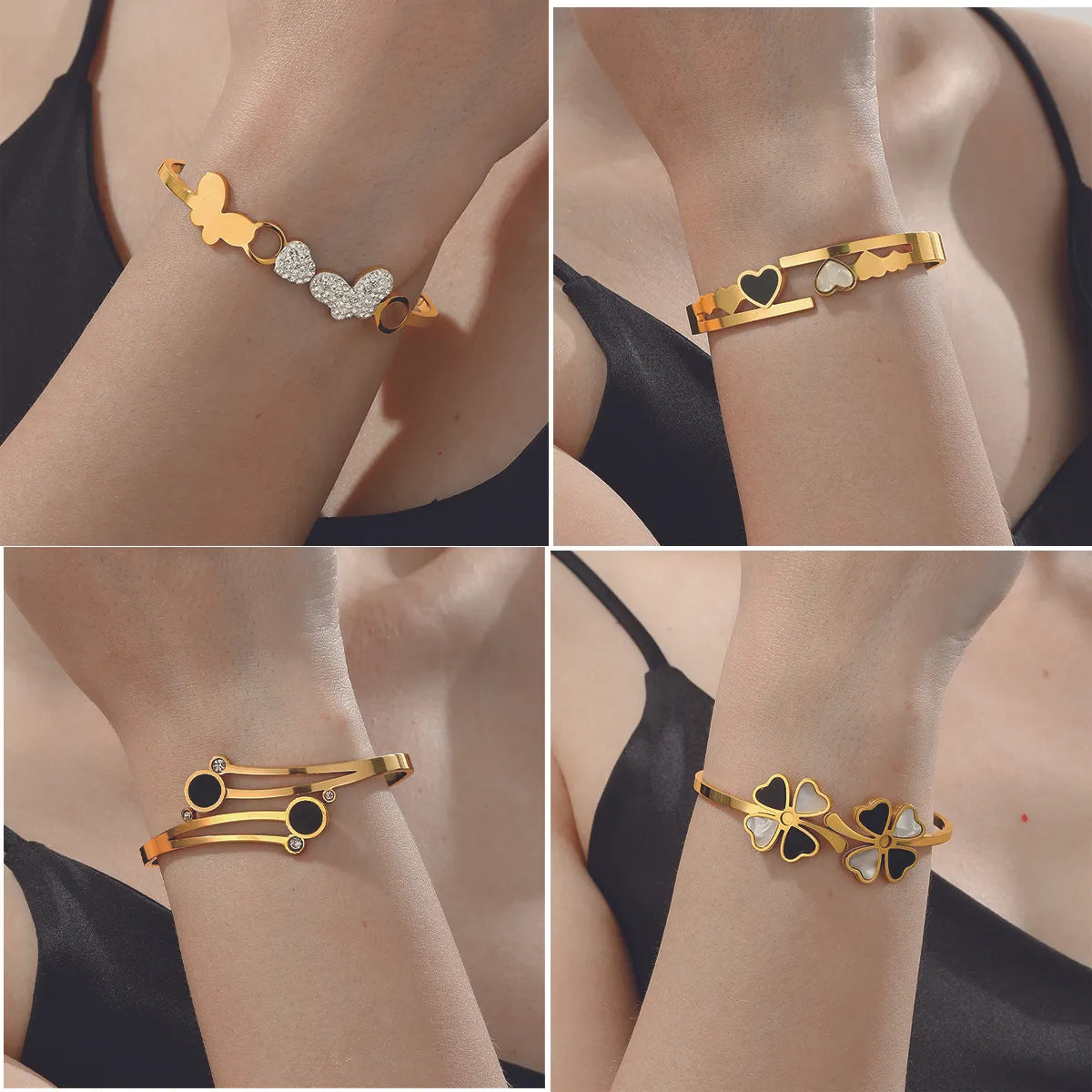 1 Piece Simple Style Four Leaf Clover Heart Shape Butterfly Stainless Steel Plating Inlay Shell Zircon Bangle