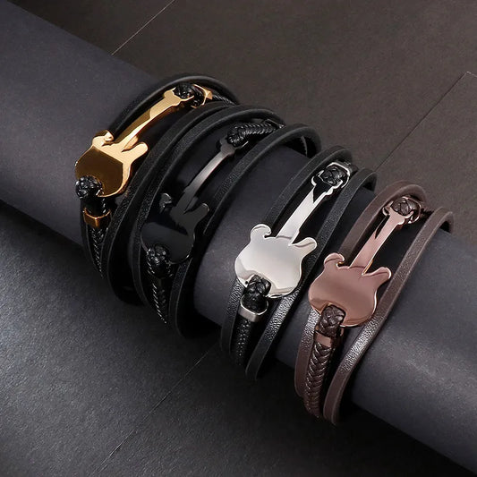 Simple Style Guitar Cowhide Titanium Steel Plating 18K Gold Plated Men'S Bracelets