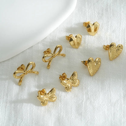 1 Piece Simple Style Heart Shape Bow Knot Plating 304 Stainless Steel 18K Gold Plated Ear Studs