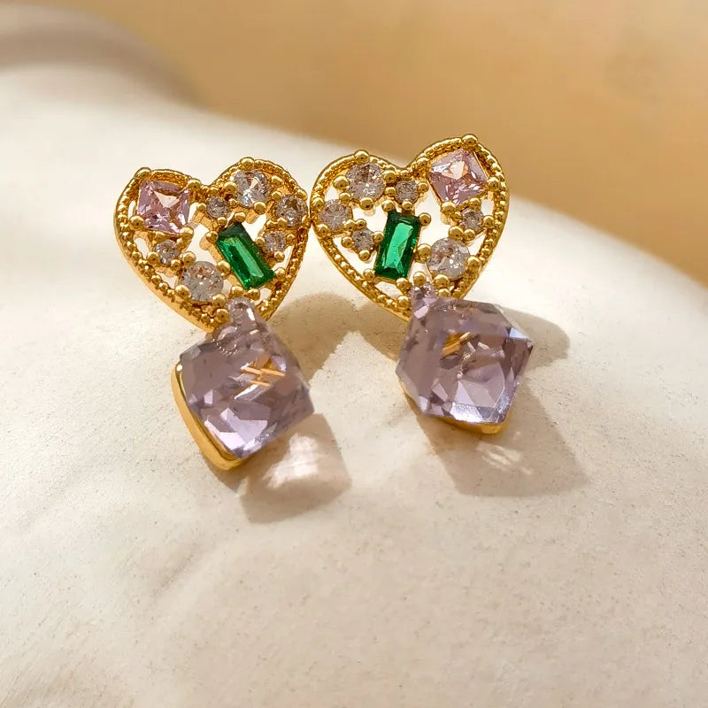 1 Piece Simple Style Heart Shape Plating Inlay Copper Zircon 18K Gold Plated Drop Earrings