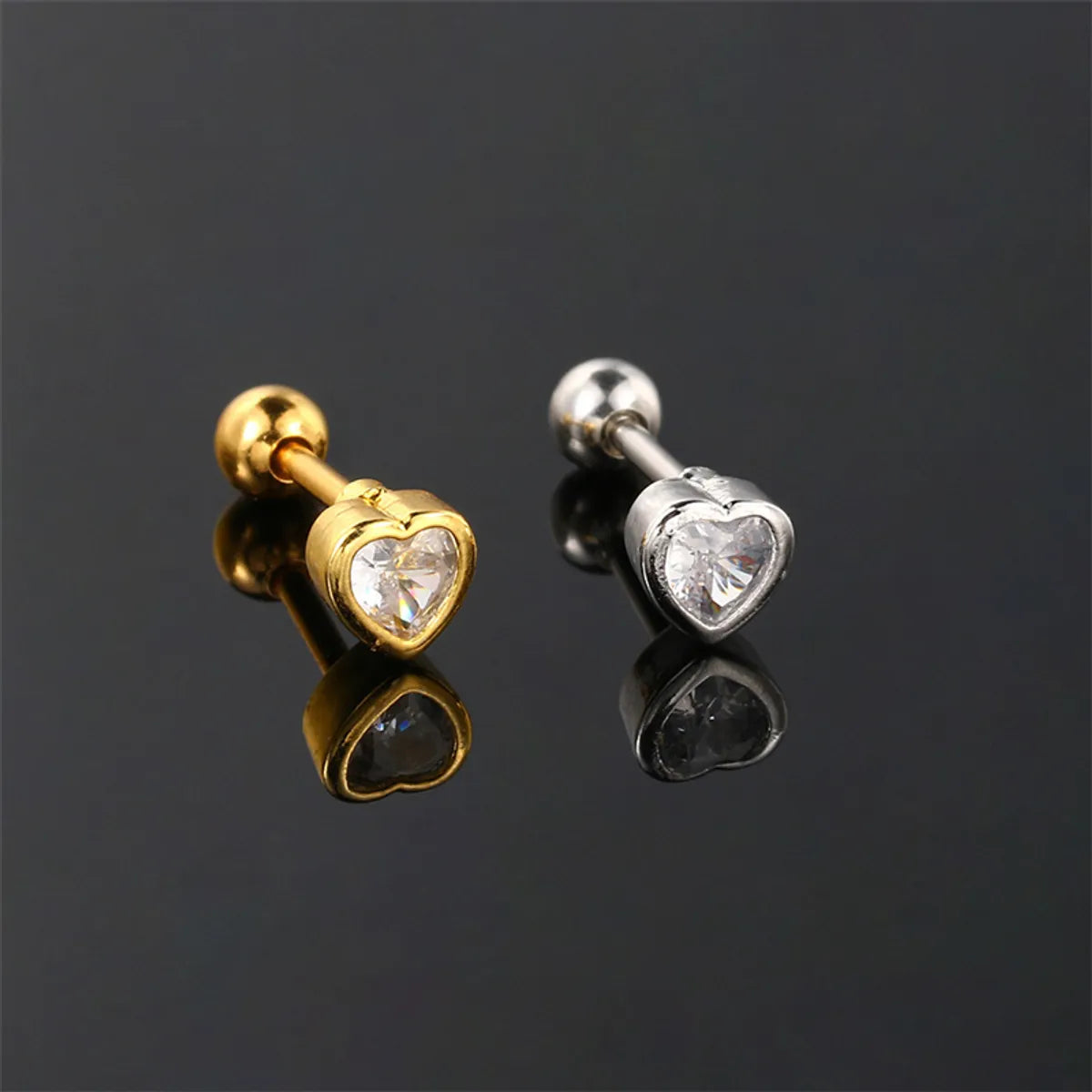 1 Piece Simple Style Heart Shape Plating Inlay Stainless Steel Copper Zircon White Gold Plated Ear Studs