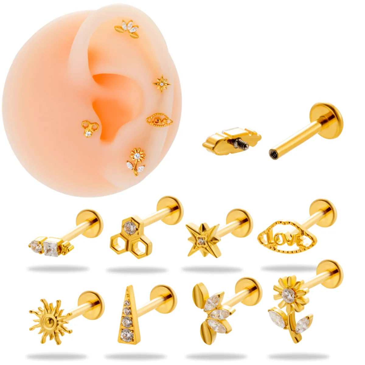 1 Piece Simple Style Korean Style Flower Plating Inlay Titanium Alloy Zircon 18k Gold Plated Lip Stud Ear Studs