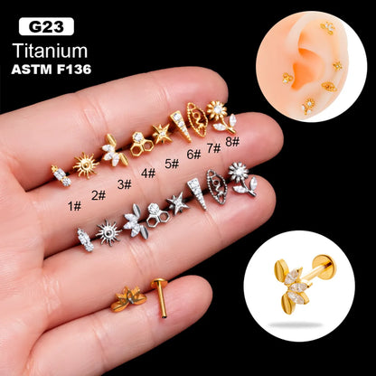 1 Piece Simple Style Korean Style Flower Plating Inlay Titanium Alloy Zircon 18k Gold Plated Lip Stud Ear Studs