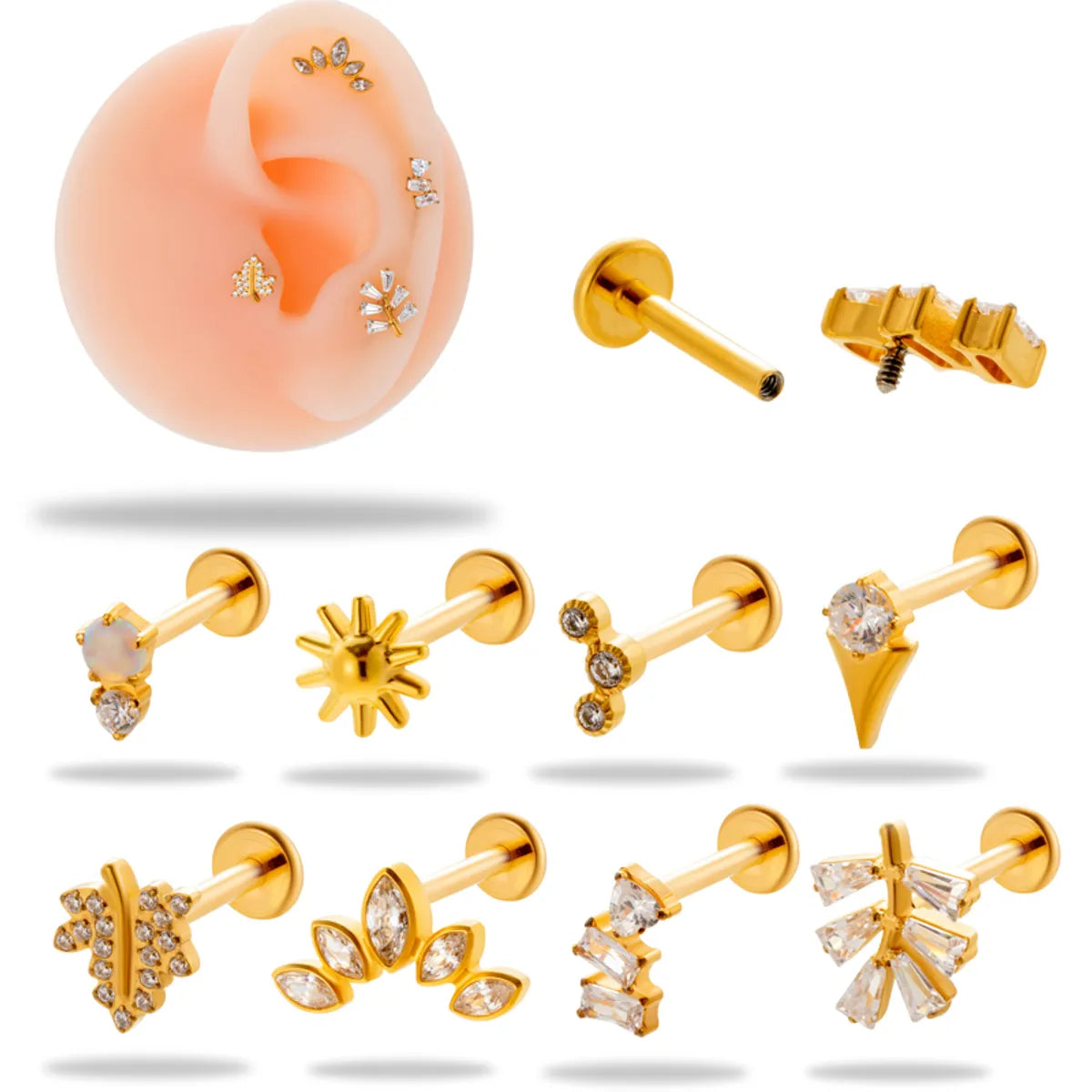 1 Piece Simple Style Korean Style Geometric Flower Plating Inlay Titanium Alloy Zircon 18k Gold Plated Lip Stud Ear Studs