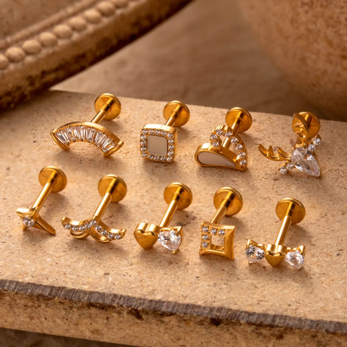 1 Piece Simple Style Korean Style Star Heart Shape Plating Inlay Titanium Alloy Zircon 18k Gold Plated Lip Stud Ear Studs