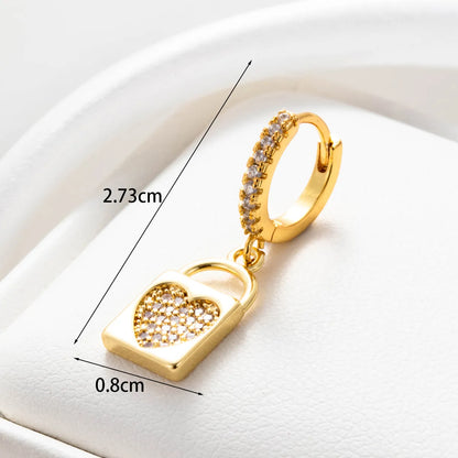 1 Piece Simple Style Moon Heart Shape Lock Inlay Stainless Steel Copper Zircon Ear Studs