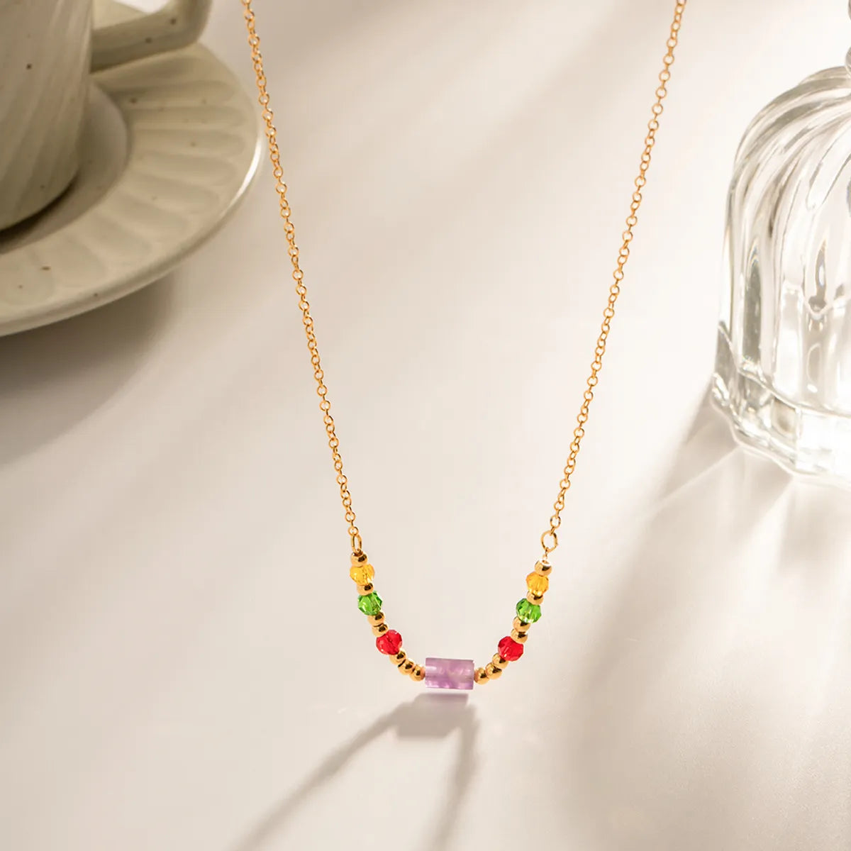 Wholesale Simple Style Multicolor Stainless Steel Beaded 18k Gold Plated Necklace