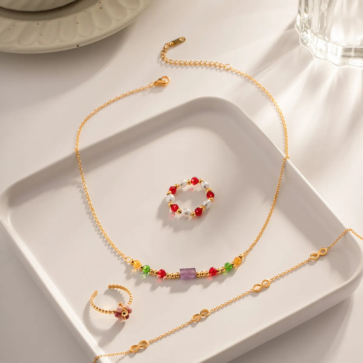 Wholesale Simple Style Multicolor Stainless Steel Beaded 18k Gold Plated Necklace