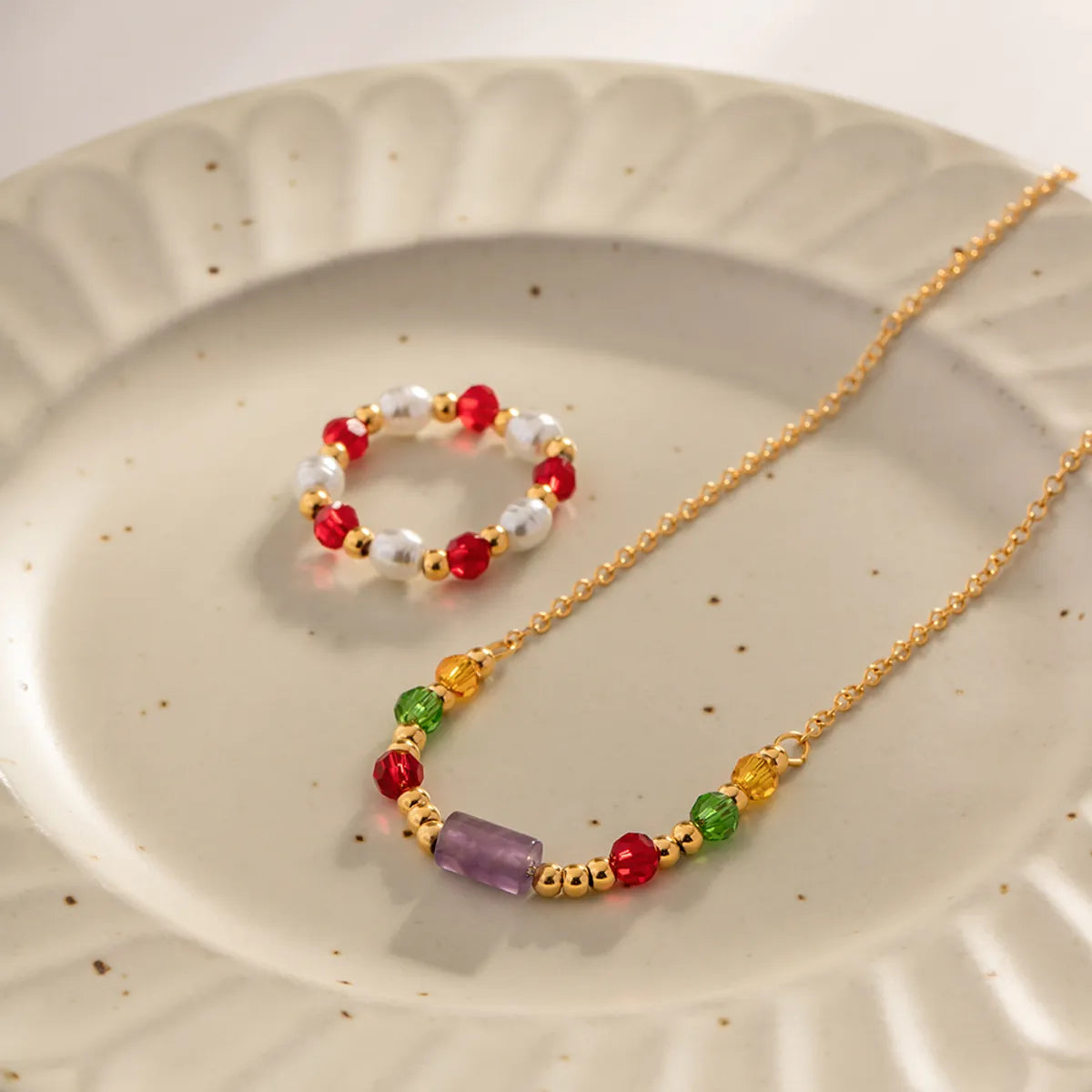 Wholesale Simple Style Multicolor Stainless Steel Beaded 18k Gold Plated Necklace