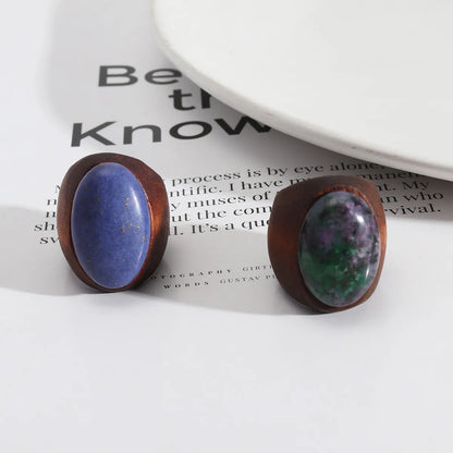 1 Piece Simple Style Oval Wood Inlay Lapis Lazuli Women'S Rings