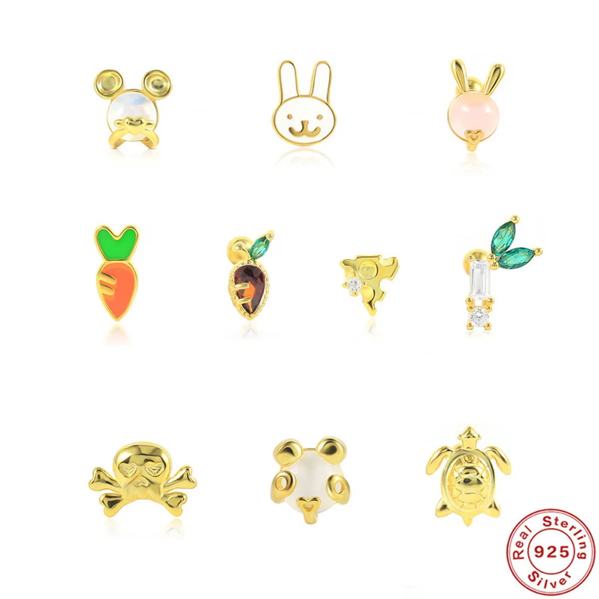 1 Piece Simple Style Rabbit Panda Carrot Plating Sterling Silver Ear Studs