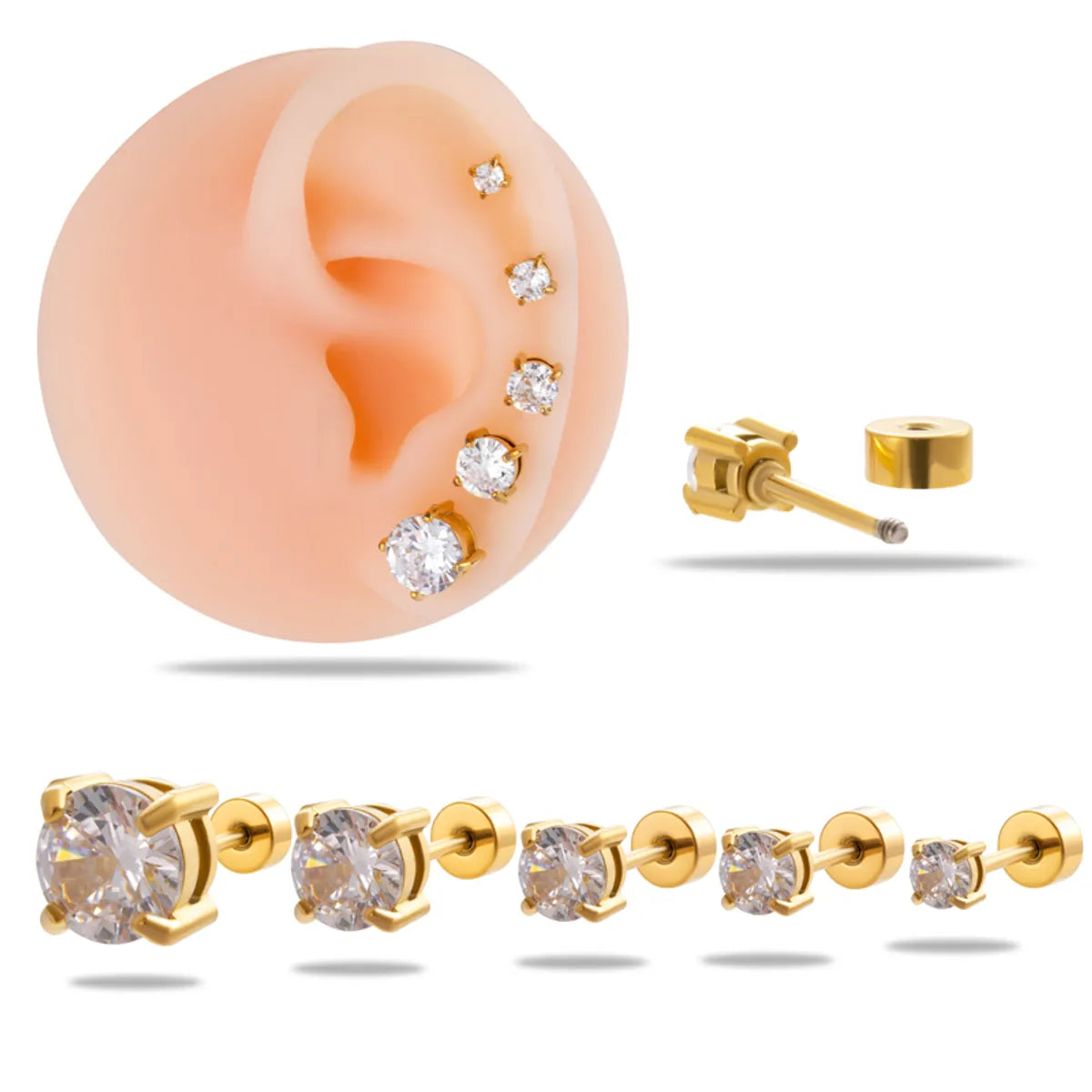 1 Piece Simple Style Round Plating Inlay Stainless Steel Zircon 18k Gold Plated Ear Studs