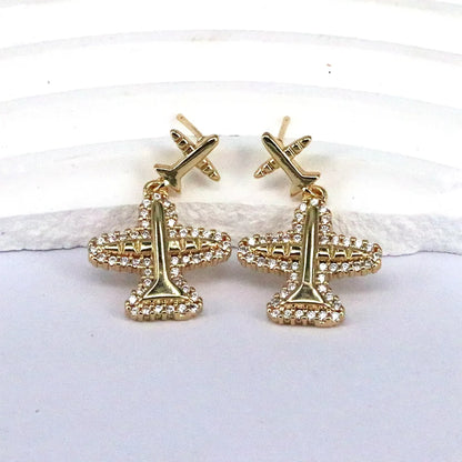 1 Piece Simple Style Shiny Airplane Plating Inlay Copper Zircon 18k Gold Plated Drop Earrings