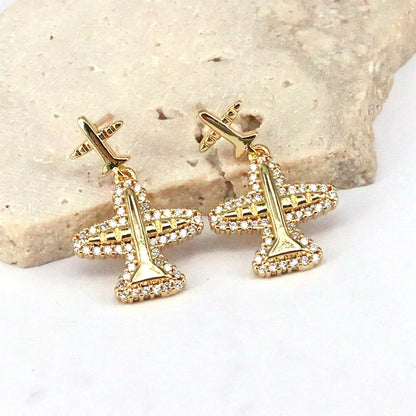 1 Piece Simple Style Shiny Airplane Plating Inlay Copper Zircon 18k Gold Plated Drop Earrings