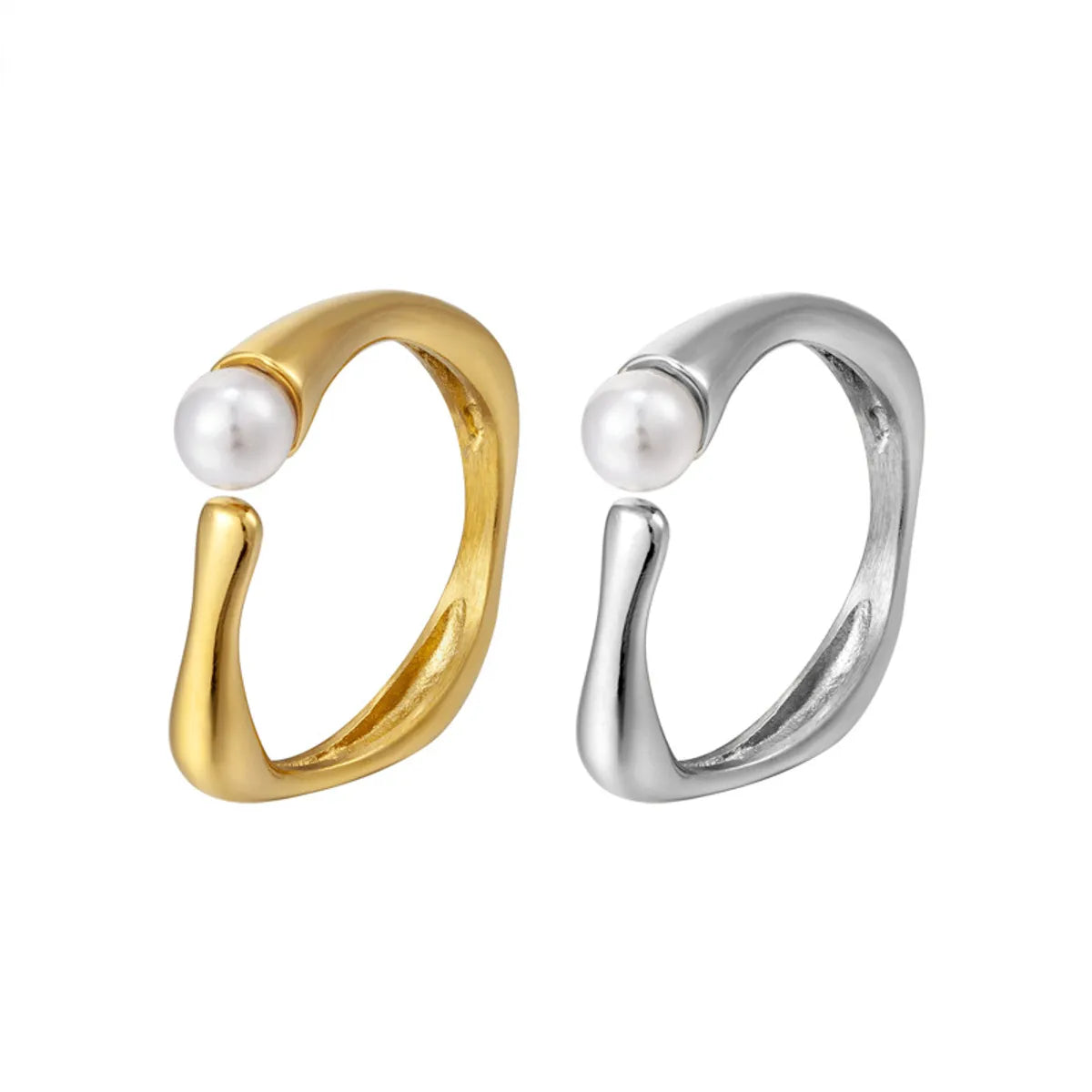 1 Piece Simple Style Solid Color Titanium Steel Plating Inlay Pearl Rings