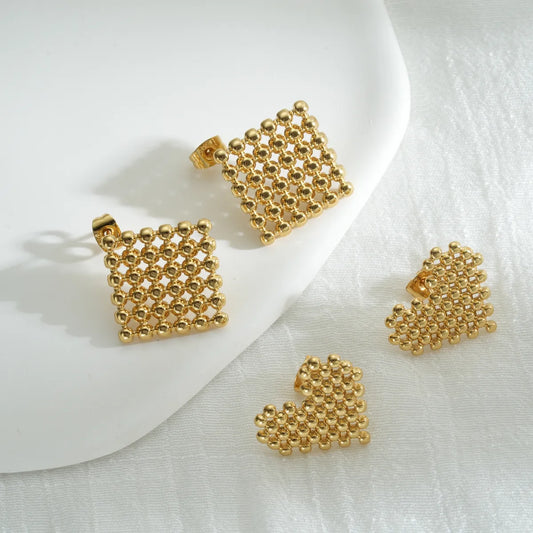 1 Piece Simple Style Square Heart Shape Beaded 304 Stainless Steel 18K Gold Plated Ear Studs