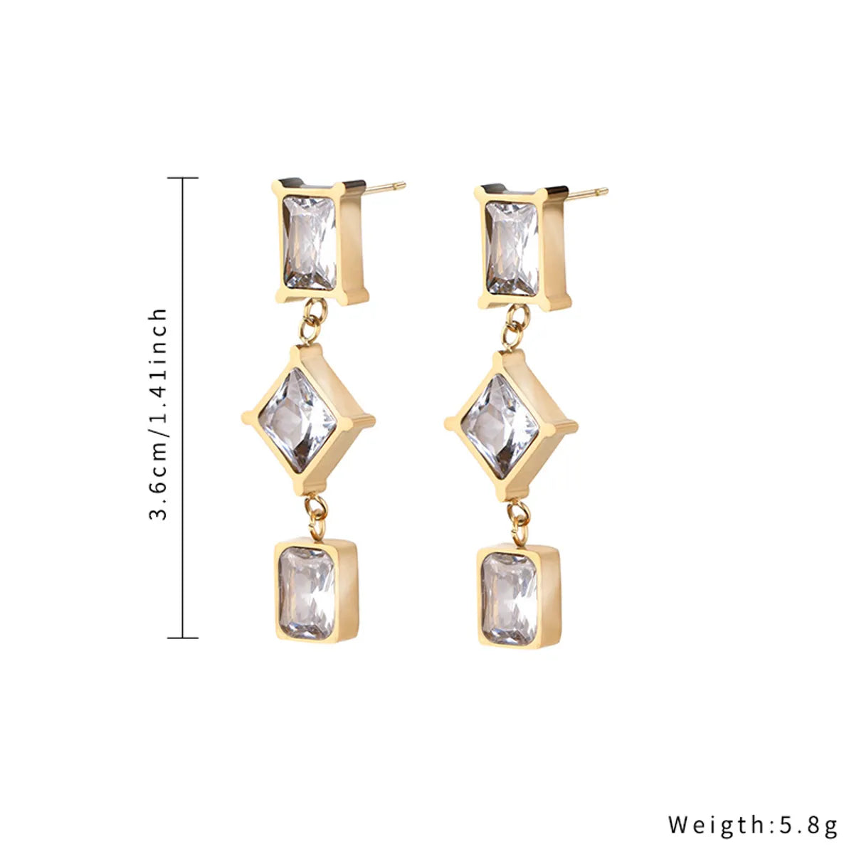 1 Piece Simple Style Square Plating Inlay Stainless Steel Titanium Steel Zircon Gold Plated Drop Earrings