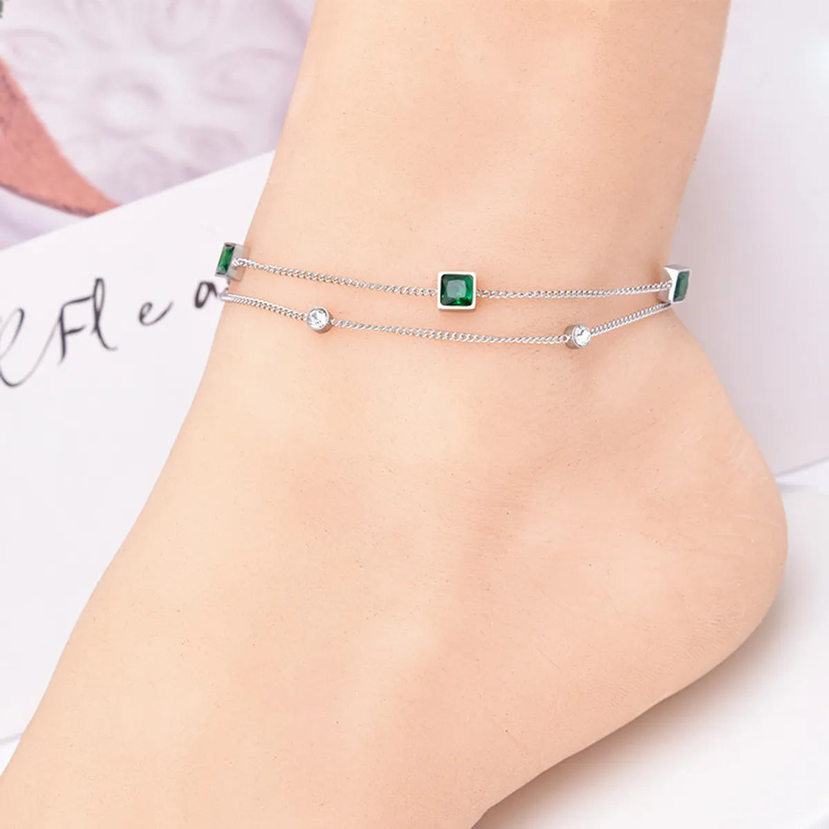 1 Piece Simple Style Square Titanium Steel Inlay Zircon Women's Anklet