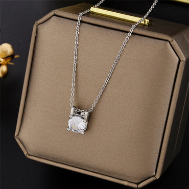 1 Piece Simple Style Square Titanium Steel Plating Zircon Necklace