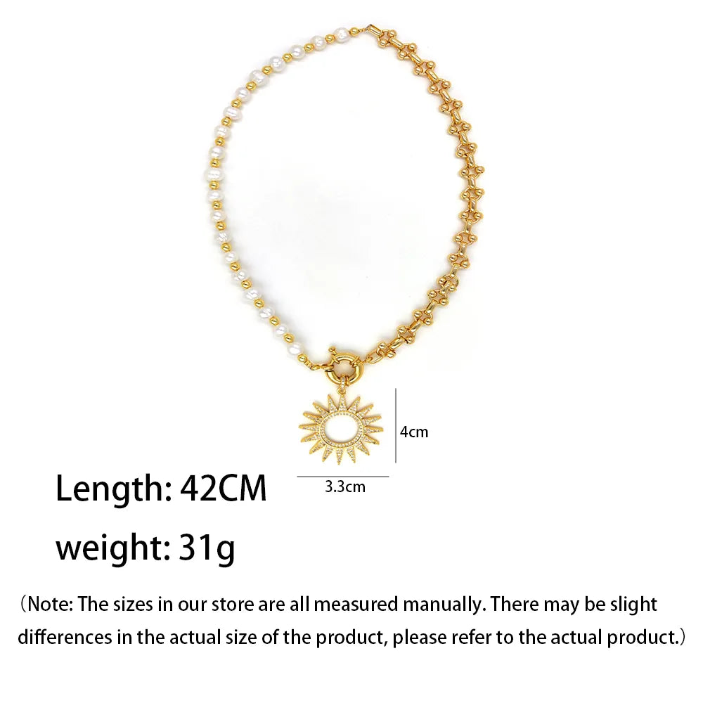 Simple Style Sun Copper Plating Inlay Rhinestones Freshwater Pearl Women'S Pendant Necklace