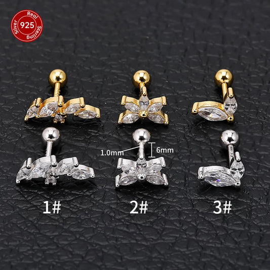 1 Piece Streetwear Leaf Plating Inlay Sterling Silver Zircon Ear Studs