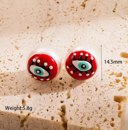 1 Piece Sweet Devil's Eye Enamel Inlay Copper Shell Pearls Zircon 18K Gold Plated Ear Studs