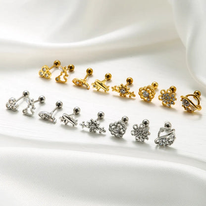 1 Piece Sweet Heart Shape Flower Airplane Plating Inlay Stainless Steel Zircon 18k Gold Plated Ear Studs