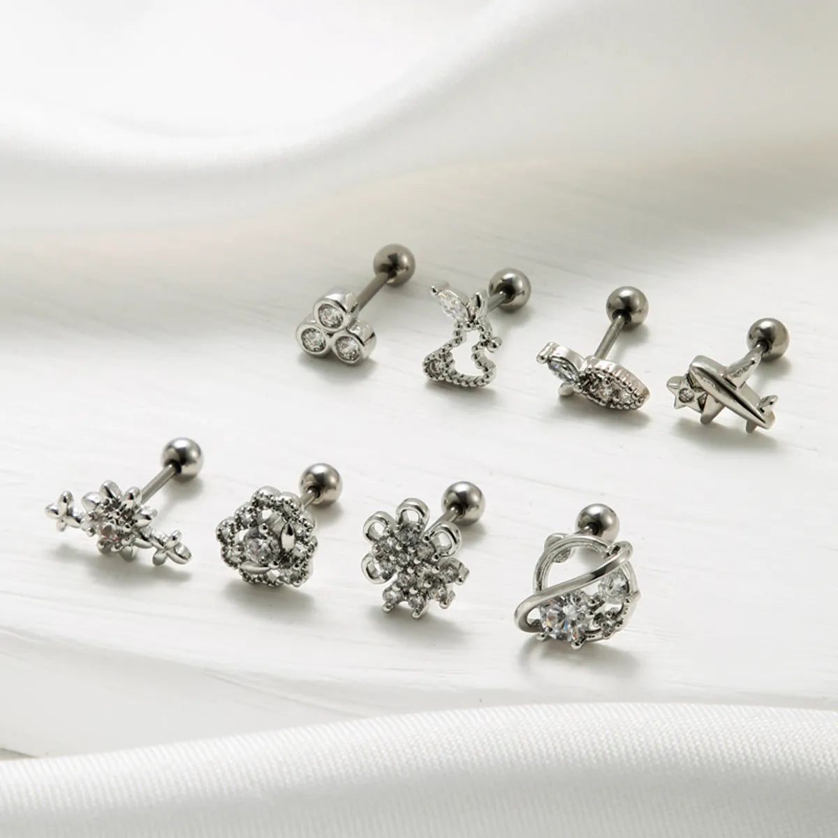 1 Piece Sweet Heart Shape Flower Airplane Plating Inlay Stainless Steel Zircon 18k Gold Plated Ear Studs