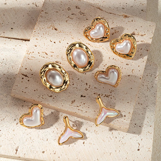 1 Piece Sweet Oval Heart Shape Inlay 304 Stainless Steel Pearl Ear Studs