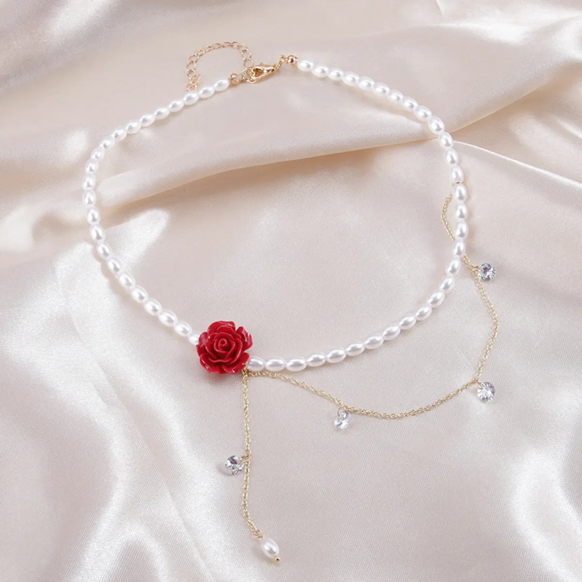 Sweet Rose Flower Imitation Pearl Alloy Beaded Inlay Rhinestones Women's Choker