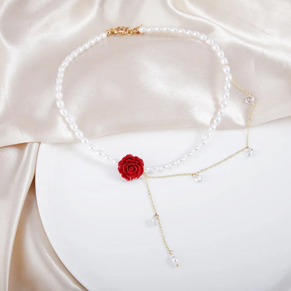 Sweet Rose Flower Imitation Pearl Alloy Beaded Inlay Rhinestones Women's Choker