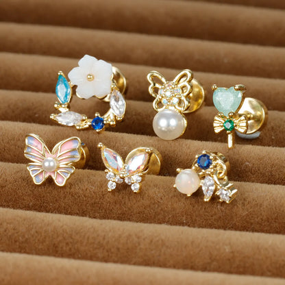 1 Piece Sweet Shiny Heart Shape Flower Butterfly Plating Inlay Stainless Steel Glass Pearl Zircon Cartilage Earrings