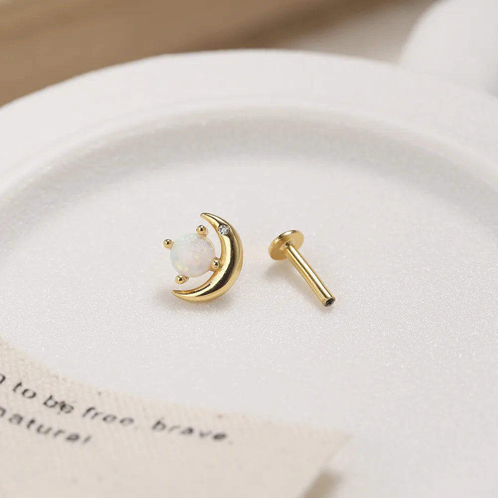 1 Piece Sweet Simple Style Moon Hollow Out Inlay Sterling Silver Pearl Ear Studs