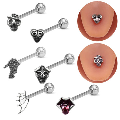 1 Piece Tongue Rings Hip-Hop Exaggerated Punk Wings Skull Stainless Steel Alloy Copper Inlay Zircon White Gold Plated Tongue Rings