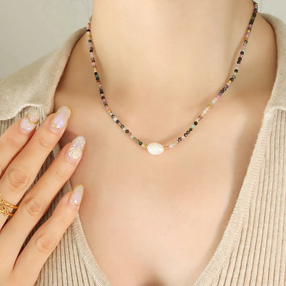 1 Piece Vacation Colorful Natural Stone Freshwater Pearl Titanium Steel Beaded Plating Necklace