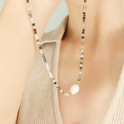 1 Piece Vacation Colorful Natural Stone Freshwater Pearl Titanium Steel Beaded Plating Necklace